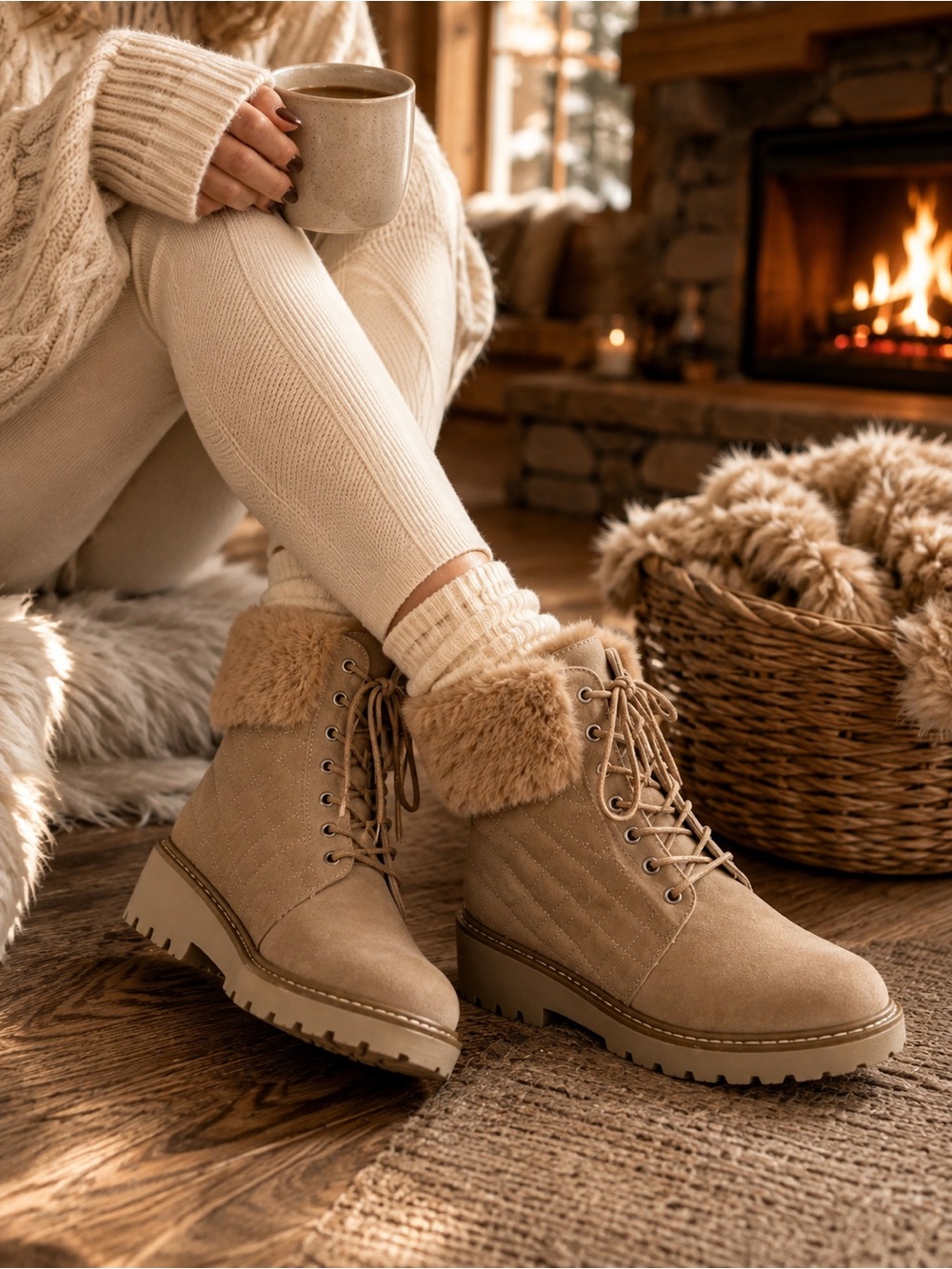 Nicole Miller Tan Faux Suede Quilted Faux Fur Lace Up Winter Boots Women's 8